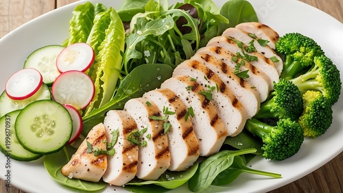 Grilled chicken breast with fresh vegetables on a plate