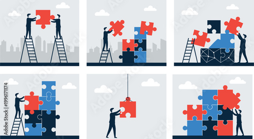 Business teamwork and partnership concept with people silhouettes building giant puzzle structure together as a collaborative solution for successful corporate problem solving strategy