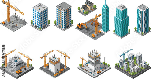 Isometric construction set featuring modern skyscrapers city buildings industrial cranes and excavators for urban architectural development real estate projects 