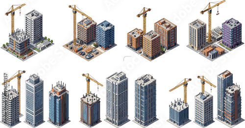 Set of isometric construction sites and modern city skyscrapers featuring industrial tower cranes residential apartments and office buildings for urban architectural development projects 