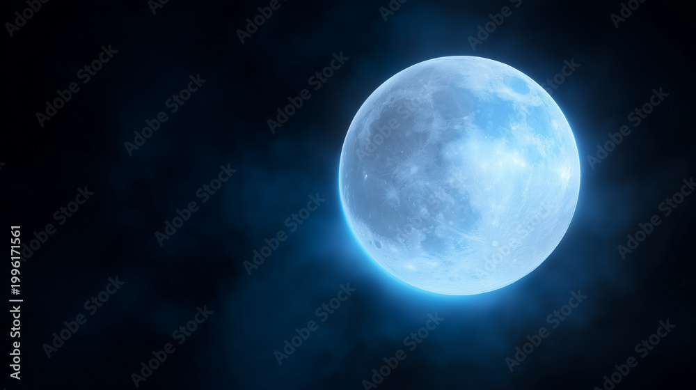 Obraz premium Bright full moon glowing in dark night sky, realistic lunar astronomy scene with soft blue haze, detailed crater texture and minimal celestial atmosphere on black background Photor