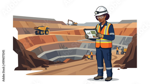 A professional black female mining engineer wearing safety gear and using a digital tablet to monitor operations at a large open pit mine with heavy machinery and diverse workers
