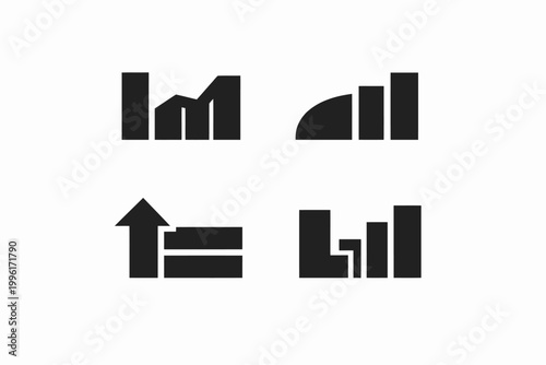 Set of four black statistical icons: bar, chart, graph, and trend symbols on white background