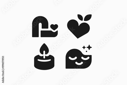 Minimalist black icons of heart, muscle, candle, and peaceful face