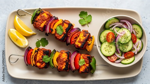 Colorful Vegetable Skewers with Fresh Salad and Lemon