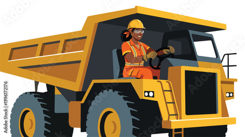 Diverse female worker operating a massive yellow haul truck in a mining industry site wearing protective safety gear including a hard hat and high visibility vest illustration