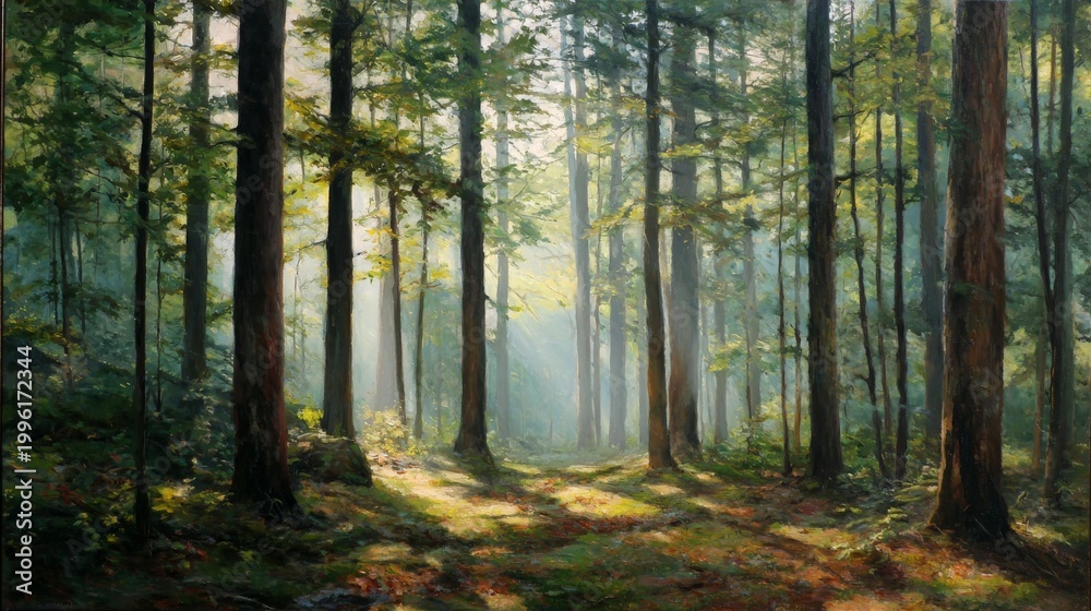 Naklejka premium A serene forest scene with tall trees and dappled sunlight filtering through the leaves, creating a peaceful natural atmosphere and soft woodland shadows.