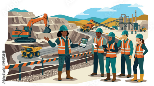Diverse team of professional mining workers and engineers in safety gear standing in an open pit mine with heavy machinery like excavators and dump trucks in the background