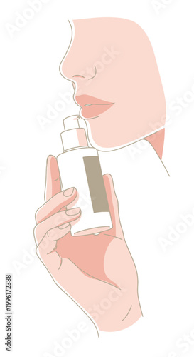 Woman smelling perfume bottle, beauty and fragrance concept, clean illustration