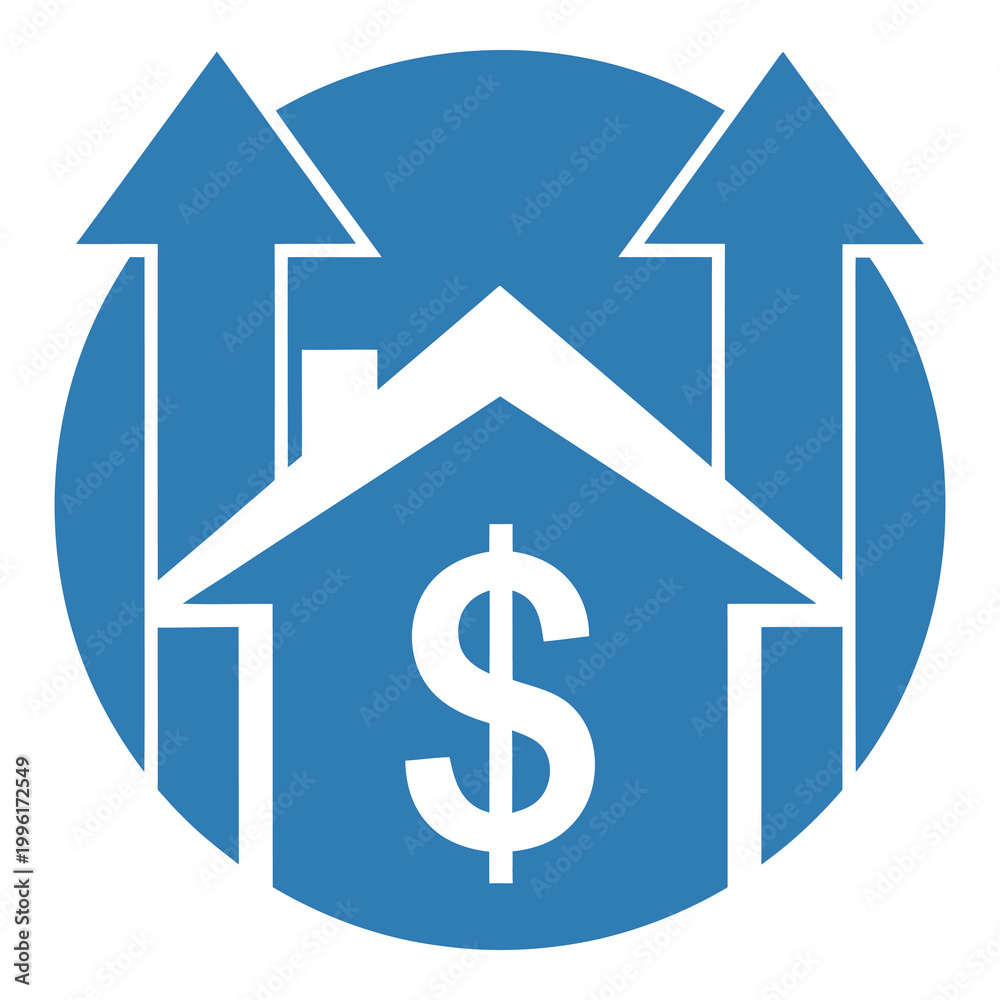 Obraz premium Blue house with dollar sign and two arrows pointing up icon