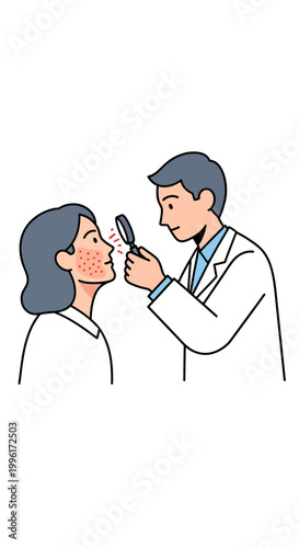 Dermatologist examining patient's facial skin with magnifying glass, acne treatment concept
