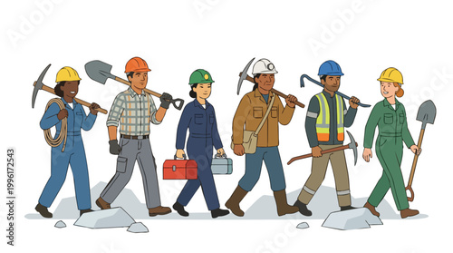 Diverse group of male and female industrial workers and miners walking together carrying tools like shovels and pickaxes wearing safety gear and hard hats in a team illustration