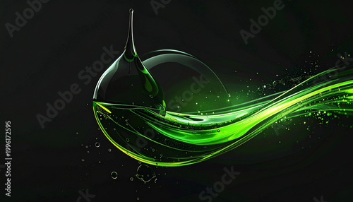 Emerald Essence: A vivid droplet of green liquid suspended against a dark canvas, emanating energy and purity, accompanied by flowing, luminous streaks.