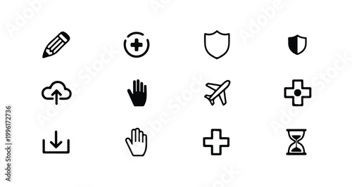 Versatile utility icons set featuring medical cross shield airplane pencil and cloud storage art.