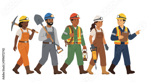Diverse group of professional miners walking together with industrial equipment including pickaxe shovel and jackhammer for underground mining operations and resource extraction