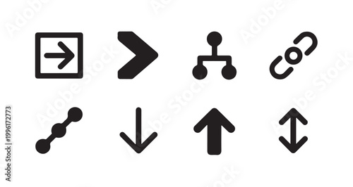 Navigation arrow icons set with directional pointers hierarchy structure and link chain symbols.