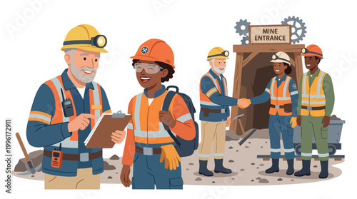 Diverse team of professional miners in safety gear and hard hats working together at a mine entrance with equipment like clipboards and walkie-talkies in a flat vector style