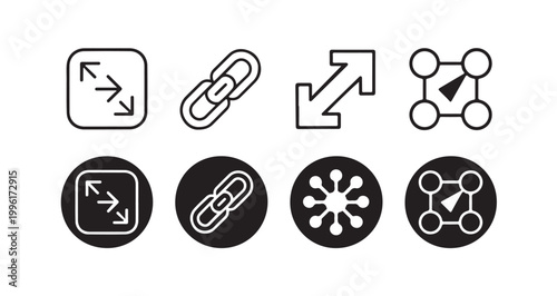 Security and link icon set featuring chain symbols and network connection points in circular buttons.