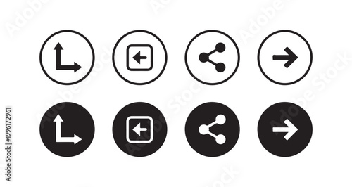 Arrows and share signs in two styles. black vector icons set with outlined and filled variations.