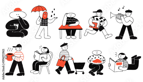 Diverse group of illustrated characters performing daily life activities including reading books drinking hot coffee walking with a grocery cart playing music and relaxing in various creative styles