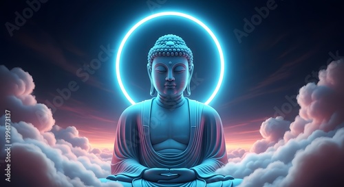 Serene buddha in meditation with ethereal blue halo and cloudscape