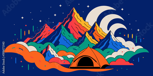 Colorful stylized orange camping tent rests peacefully beneath giant vibrant jagged mountain peaks glowing under a dark midnight sky filled with twinkling white stars and a large bright crescent moon