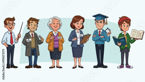 Diverse group of cartoon professionals illustrating various careers and occupations