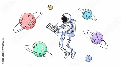Astronaut floating in space with planets.