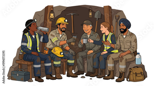 Illustration of a diverse group of male and female miners taking a break inside an underground mine shaft with pickaxes and lanterns in the background representing teamwork in the industry