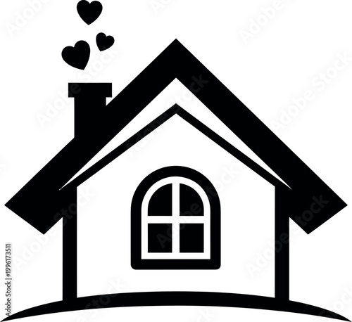 Black silhouette of a house with hearts coming out of the chimney