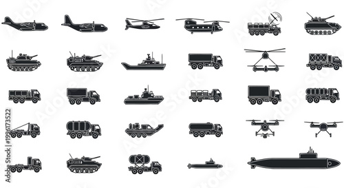 Collection of military transport vehicle icons including tanks aircraft and naval ships in black isolated on white background