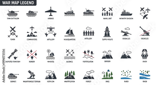 Comprehensive war map legend icons for military strategy and tactical planning vector graphics isolated on white background