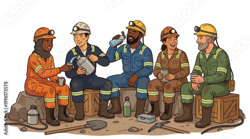Diverse group of multiethnic male and female miners in colorful protective jumpsuits and hard hats taking a break and drinking water together in an industrial mining setting