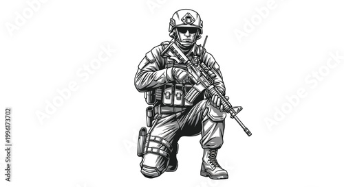 Detailed black and white sketch of a kneeling soldier in tactical gear holding a rifle isolated on white background