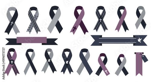 Collection of awareness ribbons with religious symbols and patterns for charitable causes isolated on white background