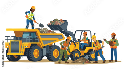 Diverse team of industrial workers operating heavy machinery at a mining site with a large yellow dump truck and front loader in a flat vector illustration style
