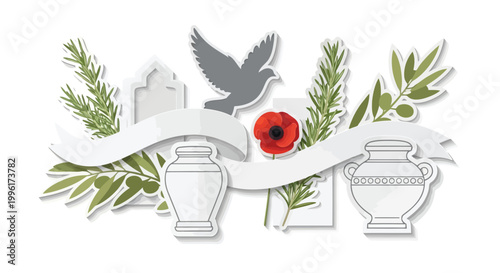 Funeral memorial graphic illustration with dove and urn surrounded by olive branches and poppy isolated on white background