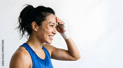 Happy Young Asian Female Boxer Sweating and Smiling After Workout Session on White Background