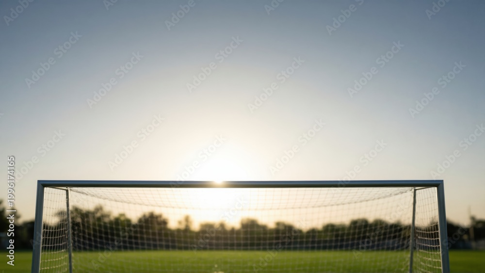 Fototapeta premium Empty soccer goal post on green field at sunset