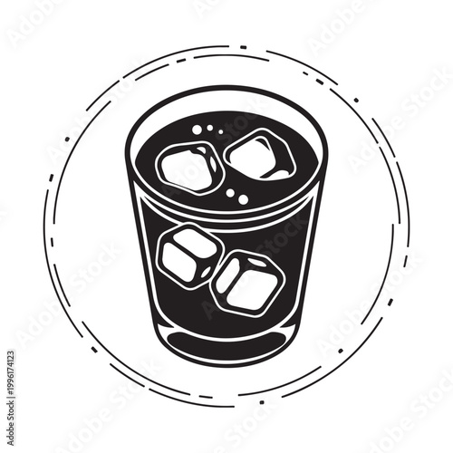 Minimalist black and white vector illustration of a glass of whiskey with ice cubes isolated on white background