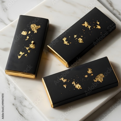 Exquisite luxury dark chocolate bars adorned with shimmering gold leaf flakes elegantly presented on a white marble slab highlighting gourmet indulgence and sophisticated