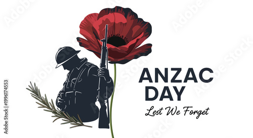 Memorial illustration of a soldier silhouette standing next to a large red poppy isolated on white background