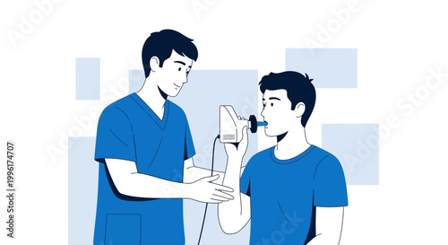 Doctor performing lung function test on young man with spirometer for respiratory health check