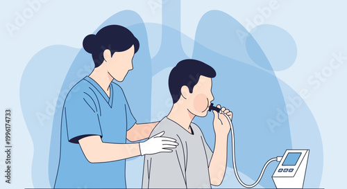 Doctor performing pulmonary function test on patient with spirometer for lung capacity check