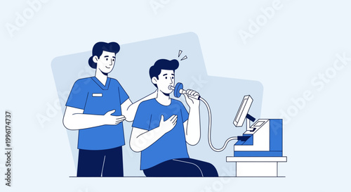 Doctor performing pulmonary function test on a patient with spirometer