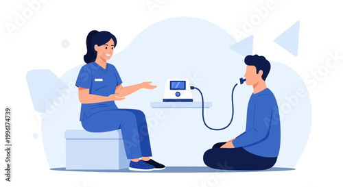 Doctor performing pulmonary function test on patient with spirometer