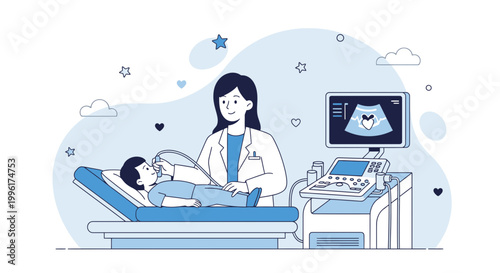 Doctor performing ultrasound on child patient in clinic, medical examination, healthcare concept