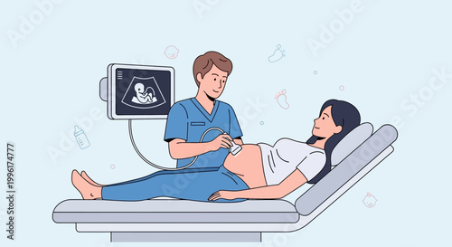 Doctor performing ultrasound on pregnant woman, baby visible on screen