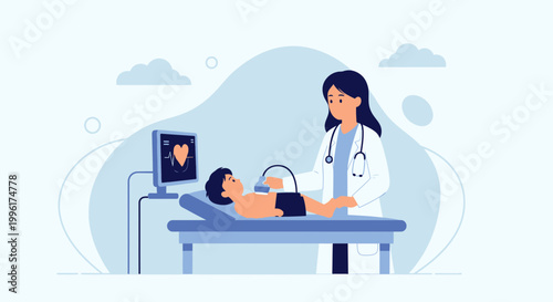 Doctor performing ultrasound on child patient, medical examination, healthcare concept