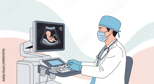 Doctor performing ultrasound on pregnant woman, fetus on screen, medical technology